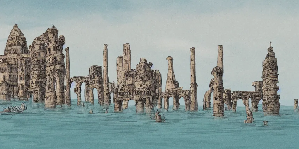 Image similar to illustration, ancient thriving city buildings on top tall pillars structure over the ocean, tall arches, busy with people