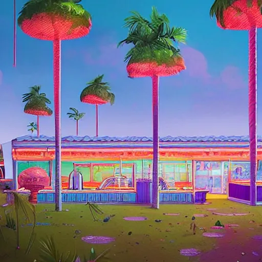 Image similar to inside psychedelic beachfront fast food restaurant with palm trees by simon stalenhag