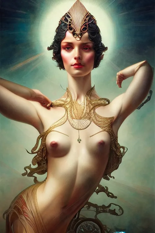 Image similar to a beautiful hyperrealistic portrait pose of a stunning Art Deco model in a sunbeam, intricate, elegant, highly detailed, smooth, sharp focus, award-winning, masterpiece, in the style of Tom Bagshaw, Cedric Peyravernay, Peter Mohrbacher