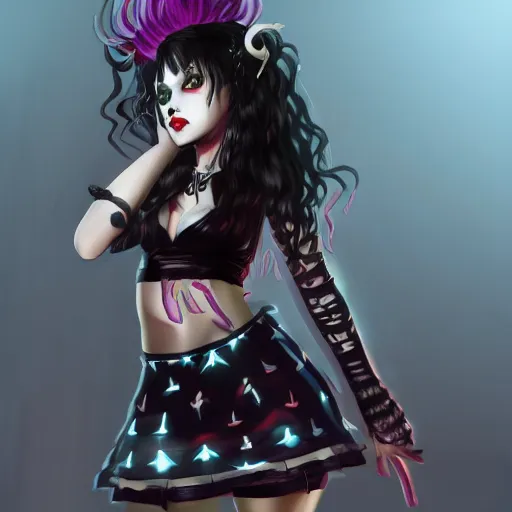 Image similar to goth anime clown in mini skirt and crop top intricate, extremely detailed, digital painting, artstation, concept art, smooth, sharp focus, illustration, intimidating lighting, incredible art, face and body