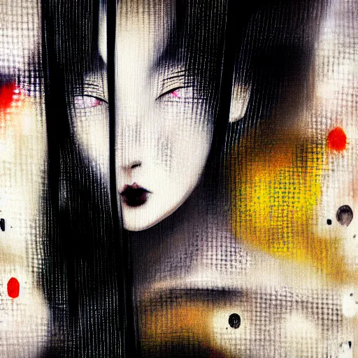 Image similar to yoshitaka amano blurred and dreamy minimalistic oil portrait of a young woman with black lipstick and black eyes wearing dress suit with tie, junji ito abstract patterns in the background, satoshi kon anime, noisy film grain effect, highly detailed, renaissance oil painting, wide brush strokes, weird portrait angle, blurred lost edges