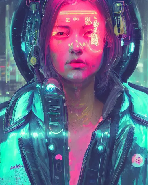 Image similar to detailed portrait neon operator woman, cyberpunk futuristic neon, reflective puffy coat, decorated with traditional japanese ornaments by ismail inceoglu dragan bibin hans thoma greg rutkowski alexandros pyromallis nekro rene maritte illustrated, perfect face, fine details, realistic shaded, fine - face, pretty face