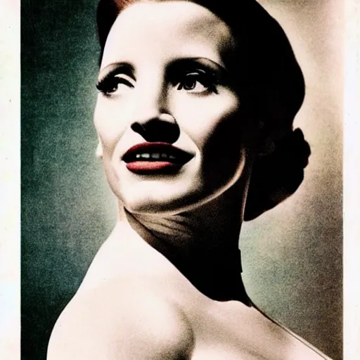 Image similar to “Jessica Chastain portrait, color vintage magazine illustration 1950”