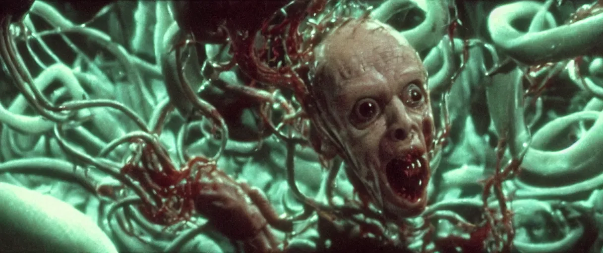 Prompt: filmic dutch angle movie still 4 k uhd 3 5 mm film color photograph of a screaming horrified doctor looking down, his hand has been tangled into a bundle of re - animated alien spiney tendrils, in the style of a horror film