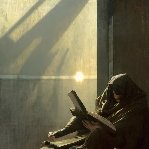 Image similar to half portait of magican wearing a closed cowl holding a big old book!, jeremy mann, jean leon gerome, alphonse mucha, greg rutkowski, hood covers his eyes, ( ( ruins of ancient rome ) ), at dusk, mysterious atmosphere, sunrays, dof, masterpiece, high detailed, 8 k