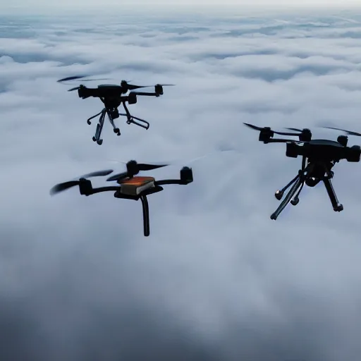 Image similar to cinematic areal shot of three baykar drones flying through the clouds