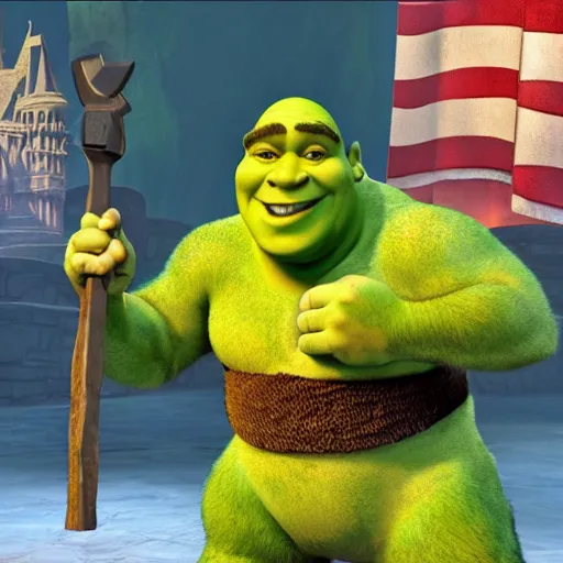 Image similar to shrek engaged in militia combat