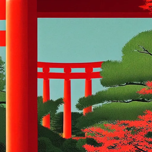 Image similar to a japanese landscape filled with torii arches, dawn, by david aja