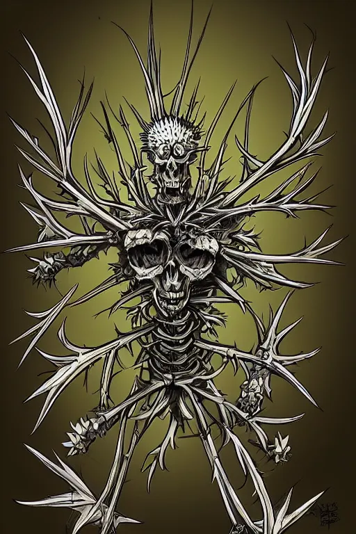 Prompt: a thistle skeleton hybrid monster, highly detailed, digital art, sharp focus, trending on art station, artichoke, anime art style
