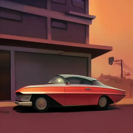 Image similar to a cinematic matte painting of a boxy 1 9 6 0 s retro - futurism sci - fi car with solar panels on roof and doors in a cluttered garage in mumbai. by edward hopper, glennray tutor and greg rutkowski. trending on artstation.