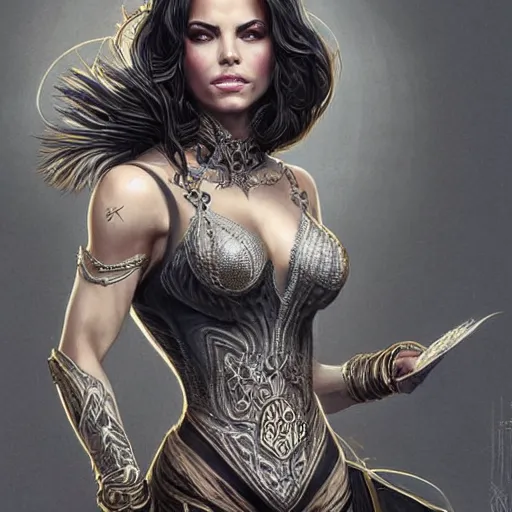 Image similar to a portrait of jenna dewan as a sorceress, upper half portrait, urban motifs, intricate, elegant, highly detailed, digital painting, trending on artstation, concept art, smooth sharp focus, illustration, art by artgerm and greg rutkowski