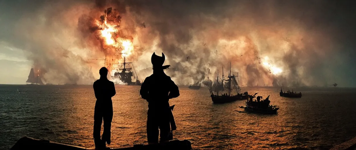 Prompt: a pirate standing on his ship, watching big explosions on the sea, beautiful atmosphere, haze