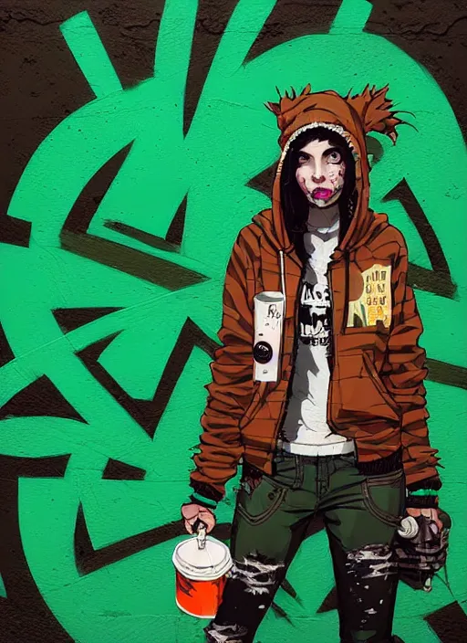 Image similar to highly detailed portrait of a sewer punk seattle lady, tartan hoody, by atey ghailan, by greg rutkowski, by greg tocchini, by james gilleard, by joe fenton, by kaethe butcher, gradient green, brown, blonde crea, orange, brown and white color scheme, grunge aesthetic!!! ( ( graffiti tag wall background ) )