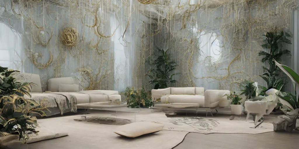 Prompt: a modern indoor room underwater, surounded a hiper detailed thin golden tendrils, fractal ornaments, clean architecture, pastel colored, baroque, a couch, a couch table, some fresh plants, intricate detailed 3 d render, elegant, intense colors, wide shot, octane render, photorealistic, daylight, peaceful, 8 k