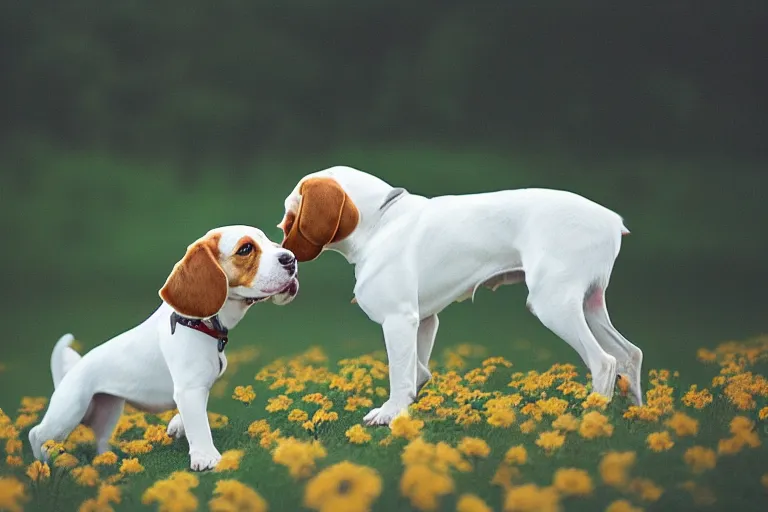 Image similar to white and brown beagle dog playing a flowery field by Hsiao-Ron Cheng