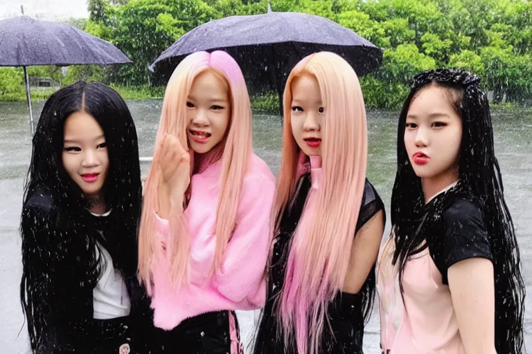 Image similar to a portrait of 4 (((((blackpink singers))))) posing in the rain