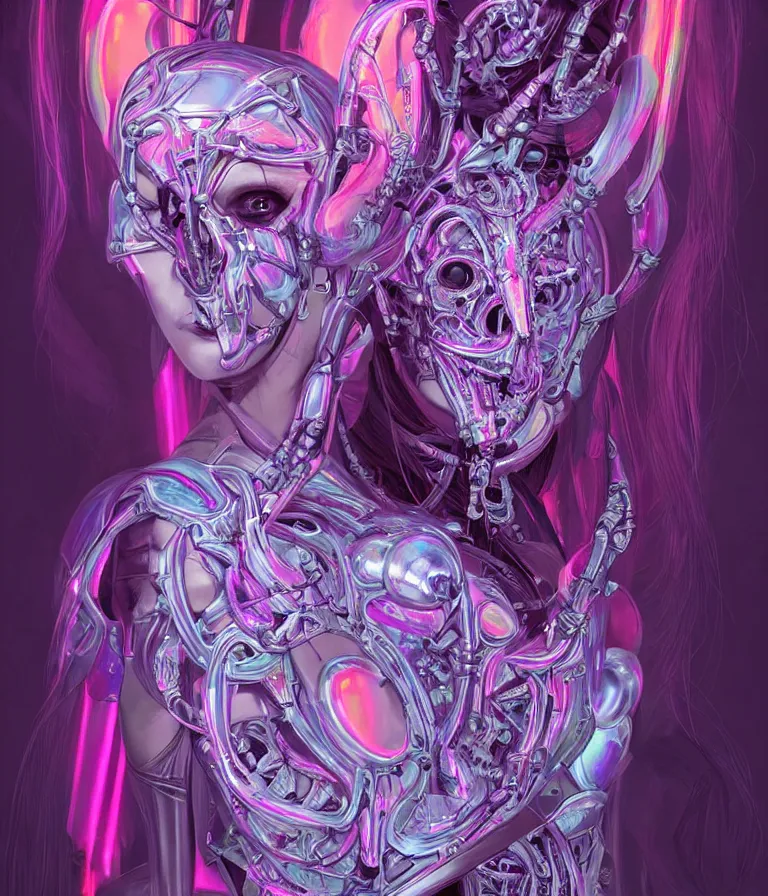 Image similar to fully symmetrical centered iridescent portrait of a beautiful princess demon in robe. skulls artificial muscles, ribcage, bones, hard surface modelling. cyberpunk look. biomechanical mask. bio luminescent biomechanical halo around head. neon jellyfish. artwork by jarold Sng by artgerm, by Eddie Mendoza, by Peter mohrbacher by tooth wu, unreal engine, octane render, cinematic light, high details, iridescent colors, dichroic, macro, depth of field, blur