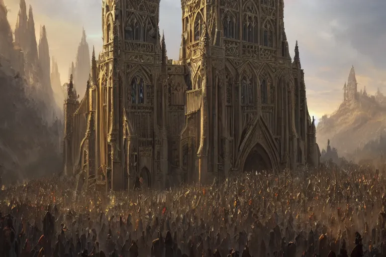 Prompt: gathering outside of extremely large church, beautiful, d & d, fantasy, intricate, elegant, highly detailed, digital painting, epic wide shot, trending on artstation, concept art, matte, sharp focus, illustration, art by noah bradley, scott m fischer, greg rutkowski, john avon