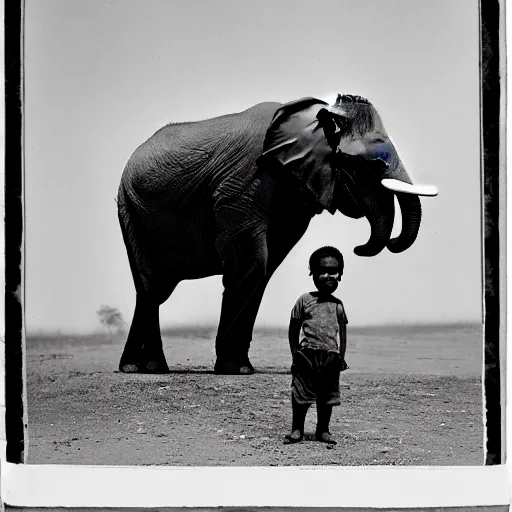 Prompt: extremely detailed black and white photo by john l. gaunt of a small boy standing next to an elephant. extreme focus of the face.