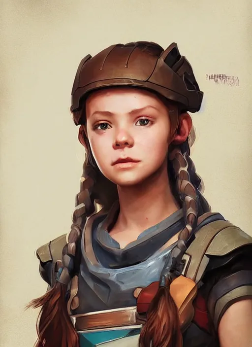 Image similar to a portrait digital painting of a young girl that looks a bit like aloy from horizon : new dawn. she's wearing a mechanics uniform and has been working on some large machinery. factory background, heavy machines. electronics. concept art. trending on artstation. painted by artgerm, ross tran.