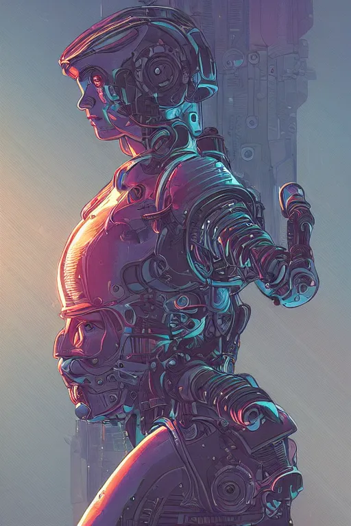 Image similar to portrait of a cyborg girl with a ribbed biomechanic armor and neon light, illustrated by Laurie Greasley and Michael Whelan , crepy ambiance, highly detailed, trending on artstation