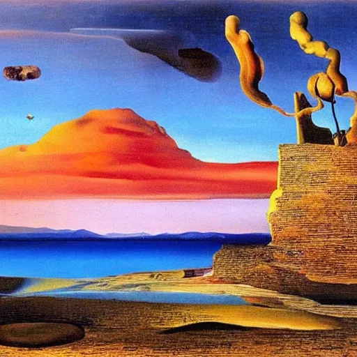 Prompt: A beautiful landscape painted by Salvador Dali, Salvador Dali art collection, Gallery of Surrealism, Oil on Canvas, Salvador Dalí works