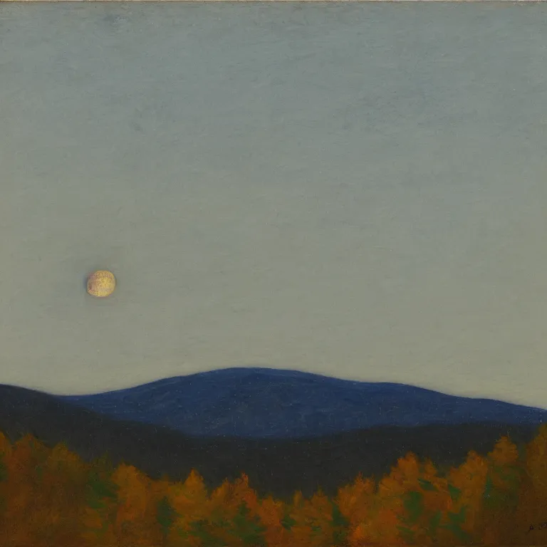 Prompt: new hampshire mountains, pale supermoon, clear sky, twilight, abbott handerson thayer, glaze oil painting, blue palette