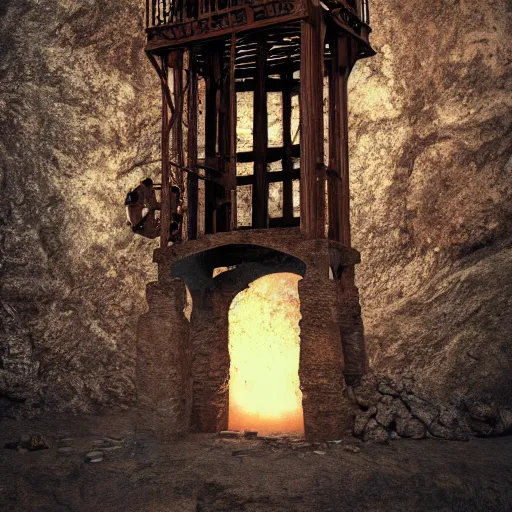 Image similar to an abandoned old rusty clocktower in a dark enormous cave dream photography, painting, perfectly balanced light, digital art, unreal engine, trending on artstation,