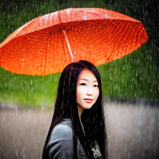 Image similar to centered portrait of beautiful Kawai Japanese girl posing in the rain