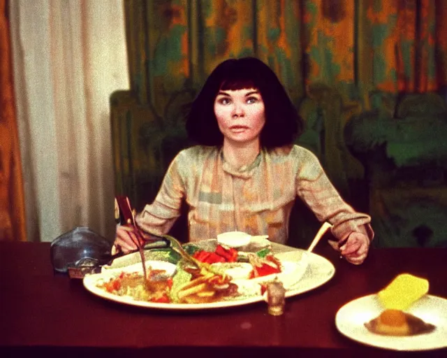 Image similar to 1 9 7 9 a soviet movie still a bjork sitting at a table with a plate of food in dark warm light, a character portrait by nadya rusheva, perfect symmetric coherent face, featured on cg society, neo - fauvism, movie still, 8 k, fauvism, cinestill, bokeh, gelios lens