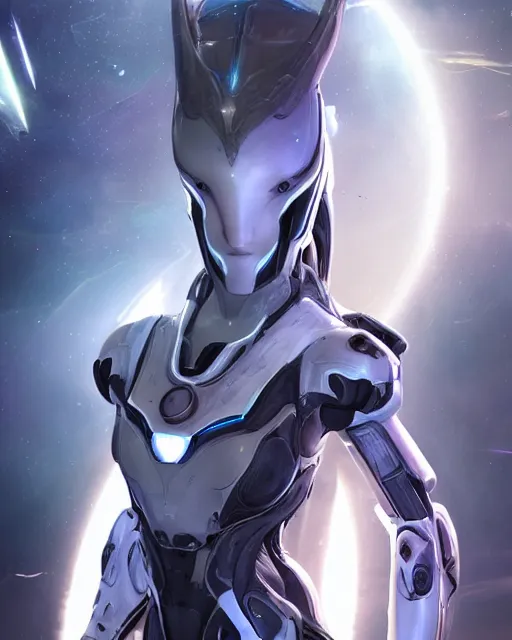 Image similar to photo of a beautiful girl on a mothership, android, warframe armor, pretty face, scifi, futuristic, galaxy, raytracing, dreamy, perfect, aura of light, pure, white hair, blue cyborg eyes, glow, insanely detailed, artstation, innocent look, art by gauthier leblanc, kazuya takahashi, huifeng huang