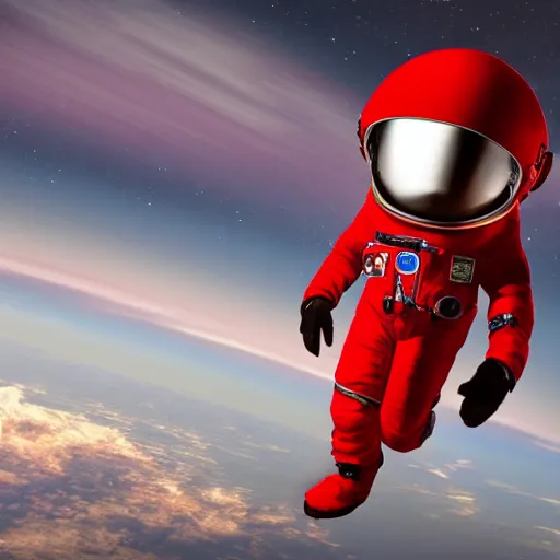 Image similar to a red suit astronaut shaped like a bean with a blue visor render nano cyber high detail high tech octane 4 k