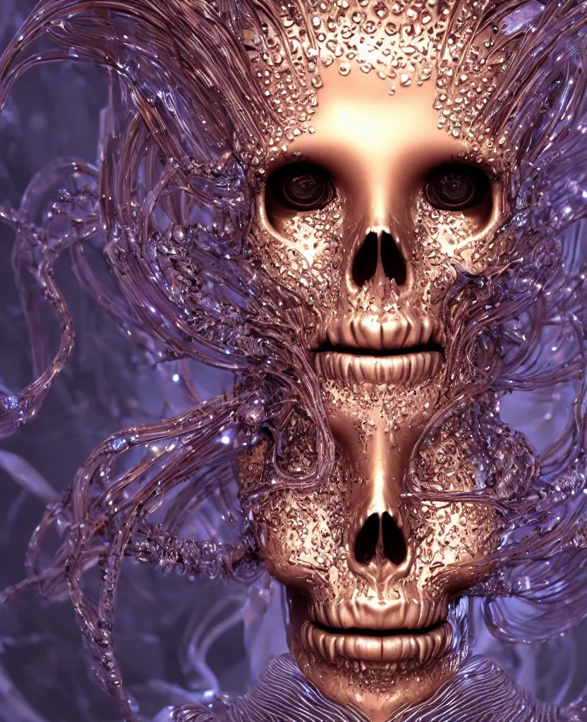 Image similar to close-up macro portrait of the face of a beautiful princess in a skull chrome mask, epic angle and pose, symmetrical artwork, 3d with depth of field, blurred background, cybernetic jellyfish female face skull phoenix bird, translucent, nautilus, energy flows of water and fire. a highly detailed epic cinematic concept art CG render. made in Maya, Blender and Photoshop, octane render, excellent composition, cinematic dystopian brutalist atmosphere, dynamic dramatic cinematic lighting, aesthetic, very inspirational, arthouse. y Greg Rutkowski, Ilya Kuvshinov, WLOP, Stanley Artgerm Lau, Ruan Jia and Fenghua Zhong