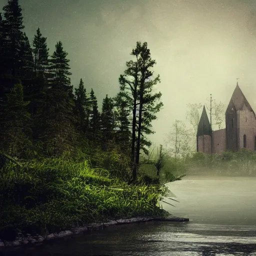 Image similar to a photo of a dream world, forest, river, skull, church, dark lighting