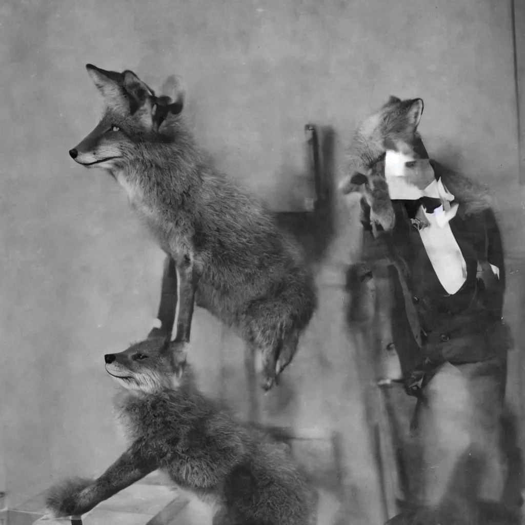 Image similar to anthropomorphic fox in suit sitting in the lobby of a luxury hotel, anthro, furry, 1 9 2 0 s photograph