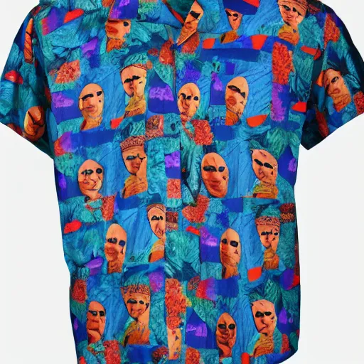 Prompt: a hawaiian shirt with a pattern of lenin heads