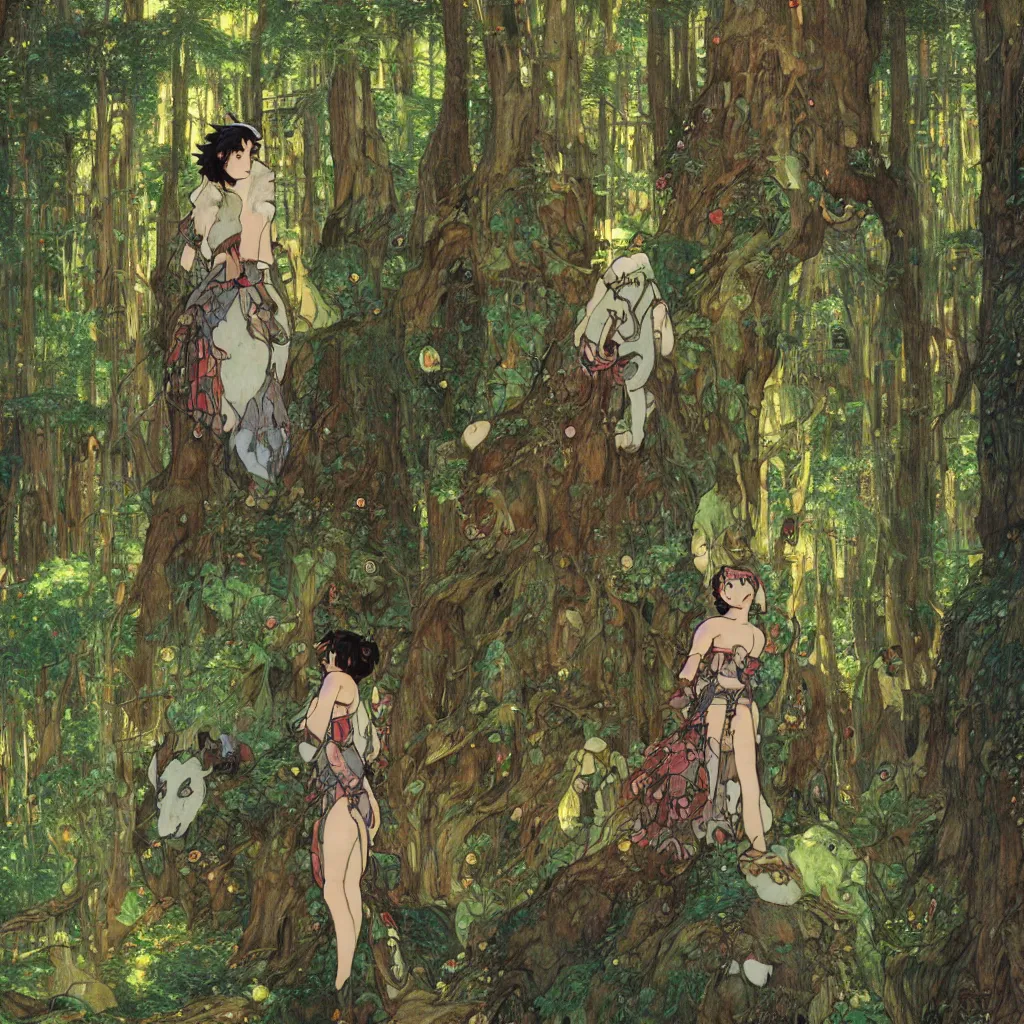 Image similar to Princess Mononoke, fully clothed in armor, lush fairy forest, neon, concept art, schematics, studio ghibli, gnarly trees, painted by gustav klimt, norman rockwell, mucha, james gurney, high detail, denoised, sharp, architectural