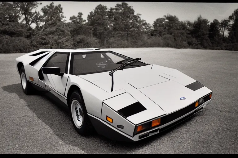 Image similar to designed by john delorean stylized poser of a single 1 9 8 6 lamborghini countach ( ( delorean ) ) ford gt 4 0, large led lights, ektachrome photograph, volumetric lighting, f 8 aperture, cinematic eastman 5 3 8 4 film