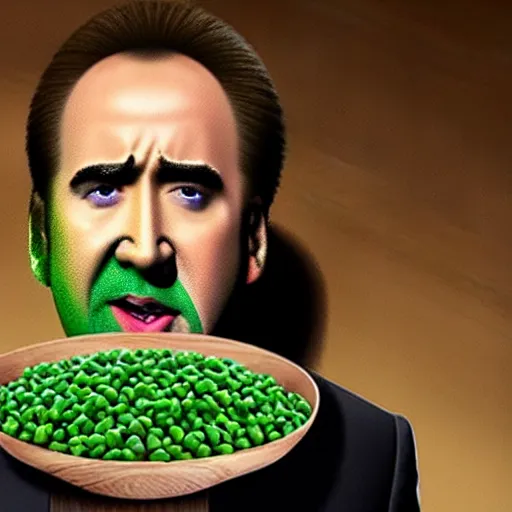 Image similar to nicolas cage trapped in a wicker cage being covered in peas, screaming