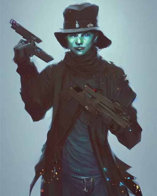 Image similar to A sorcerer wielding two Glock pistols, bust shot, smooth, intricate, elegant, power aura, digital painting, artstation, concept art, high tech fantasy, sharp focus, illustration, art by James Jean