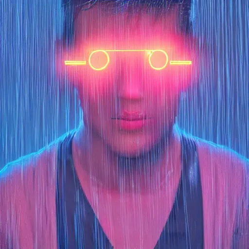 Prompt: a human portrait made out of rain, neon light, beautiful, rendered in octane, unreal engine, realistic, comic book art