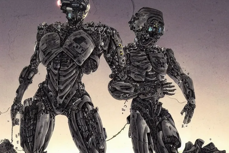 Image similar to cyborg military soldier in nanosuit with epic biological muscle augmentation, at dusk, a color illustration by tsutomu nihei and tetsuo hara