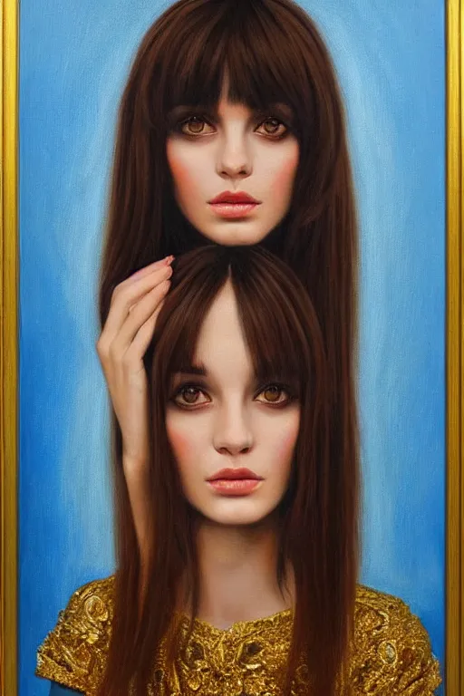 Image similar to hyper realistic painting portrait of brunette with bangs, intrincate ornaments, gold decoration, caligraphy, occult art, illuminated manuscript, oil painting, art noveau