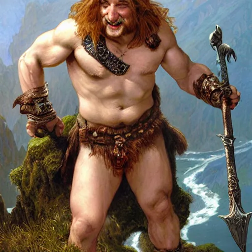 Image similar to an ultradetailed portrait of robin williams dressed as an troll barbarian, standing heroically on top of a cliff, d & d, fantasy, intricate, elegant, highly detailed, digital painting, matte, sharp focus, illustration, giant bone cleaving sword, god rays, art by john collier and albert aublet and krenz cushart and alphonse mucha