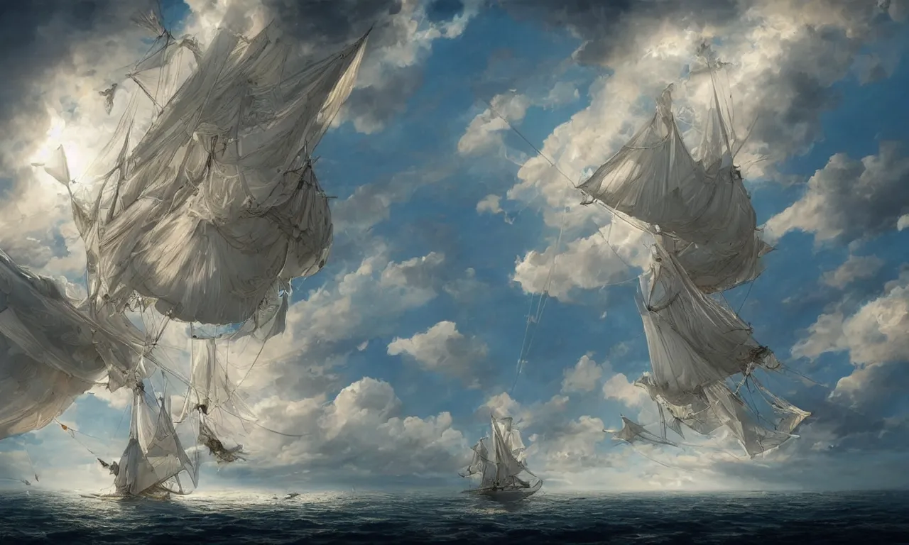 Prompt: a beautiful digital painting of a white caravel in the clouds, birds flying in the sunlight, numerous intricated sails, blue sky at sunset, elegant, highly detailed, artstation, concept art, matte, sharp focus, art by tom bagshaw, kelogsloops and greg rutkowski