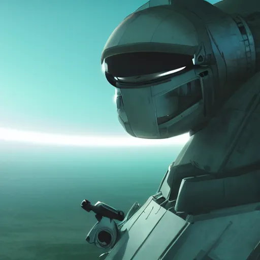 Image similar to front-facing portrait of a mecha astronaut on a distant planet with a broken air ship, cinematic lighting, epic