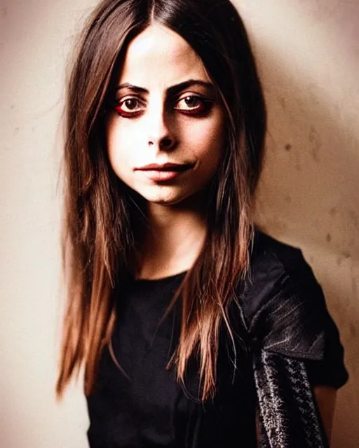 Image similar to style of jules bastien - lepage : : gorgeous willa holland : : evil witch, swirling black magic, black dress : : symmetrical face, symmetrical eyes : : full body pose : : gorgeous black hair : : magic lighting, low spacial lighting : :