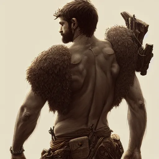 Image similar to back portrait of a rugged ranger, full body, hairy torso, D&D, fantasy, intricate, elegant, highly detailed, digital painting, artstation, concept art, matte, sharp focus, illustration, art by Artgerm and Greg Rutkowski and Alphonse Mucha