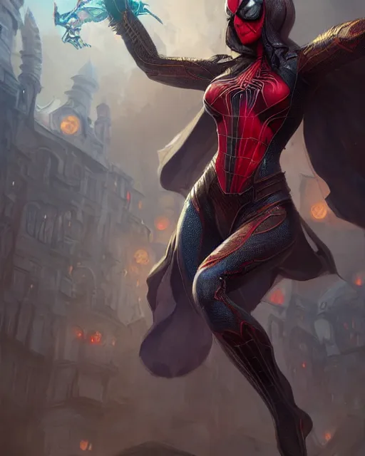 Image similar to a beautiful spiderwoman wearing a magical armor posing in a magical town, hyper realistic face, fantasy art, in the style of greg rutkowski, illustration, epic, fantasy, intricate, hyper detailed, artstation, concept art, smooth, sharp focus