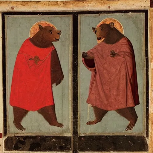 Prompt: Two bears wearing red robes arguing about how to send an email, medieval fresco